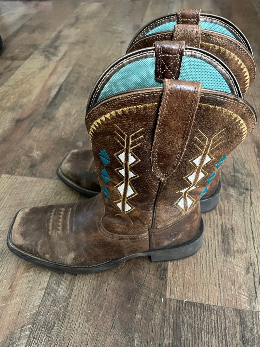 Ariat Women’s Brown Square Toe Cowboy Boots with Turquoise and White Stitching